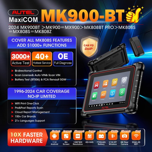 2024 Autel MaxiCOM MK900BT MK900-BT Scanner Support CAN-FD&DOIP, 3000+ Active Test, 40+ Service, OE Full Diagnose, WiFi Print, 11 OS, FCA SGW